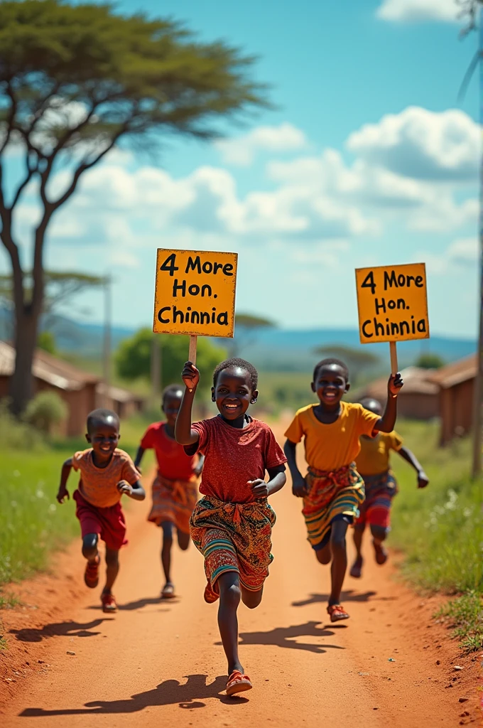 African children running with placards showing 4more Hon Chinnia