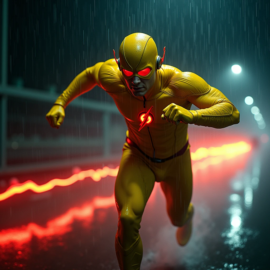 The reverse flash, yellow suit,red lightning trail,slow mo image,face is blurry,night, raining,droplets of rain stop mid air,red vizors,8k, uhd, severe low lighting, high quality, sharp focus, fujifilm XT3
