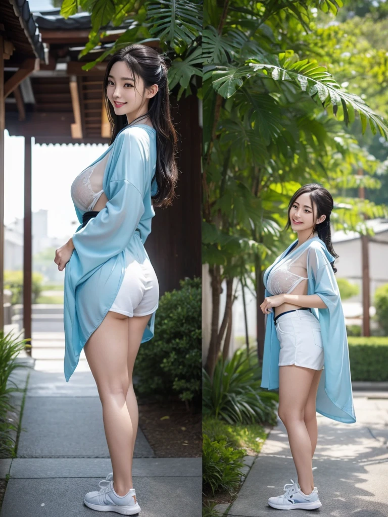 Beautiful girl, short pants, see through kimono, sneaker, wet kimono, gigantic breasts, best quality, 4K, ultra-detailed face, deailed eyes, detailed lips, detailed body, smile, tall girl, slim waist, thick hips, gigantic butt