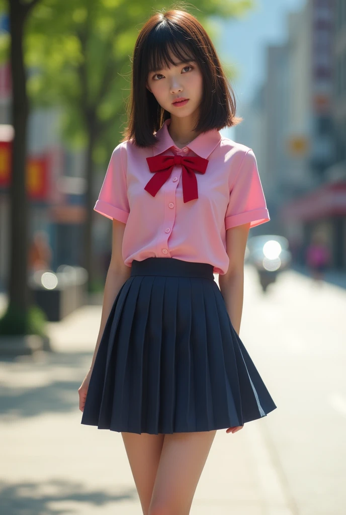 High resolution、high resolution、in 8K、Real Live Action、RAW Photosgraphy、Highest quality、masterpiece、Tabletop、erotic、student、Pink Good,White skin,knees, Detailed Panty Pattern、Panty Focus、Panties made of pink lace material、absurdists,Small Face、Big Breasts、Part the front hair from the middle、The forehead is visible,(Cold look<Squinting my eyes,Glare,strong,Light anger)、masterpiece,Highest quality、超High resolution,RAW Photos,Only,Beautiful poop,one person, solo,Dark look,Small breasts,whole body、very nice、JK Uniform,high school girl,Japanese women,standing,(Photorealistic:1.37)、Photon Mapping,Pink Ribbon,Realistic、Cute Face,Brown eye、22 years old、(Red bow tie)、Radio City、Physics-based only dulling、prospect、Depth of written boundary、Blurred Background、picture,US、body,Beautiful feet, Long legs, Thin legs,Long Bob Cut,(I can see the front hair), hair, Lips, green_eye, Nose Soft,(Pink Shirt), (Navy Pleated Skirt), I can see the knees,See-through clothing, thigh, Nogizaka Idol, , Japanese Ido、Sparkling eyes、Glossy Lips、Too bright natural light、Bright sun、Too bright sunlight、