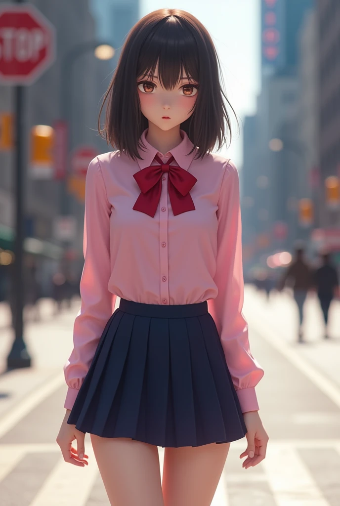 High resolution、high resolution、in 8K、Real Live Action、RAW Photosgraphy、Highest quality、masterpiece、Tabletop、erotic、student、Pink Good,White skin,knees, Detailed Panty Pattern、Panty Focus、Panties made of pink lace material、absurdists,Small Face、Big Breasts、Part the front hair from the middle、The forehead is visible,(Cold look<Squinting my eyes,Glare,strong,Light anger)、masterpiece,Highest quality、超High resolution,RAW Photos,Only,Beautiful poop,one person, solo,Dark look,Small breasts,whole body、very nice、JK Uniform,high school girl,Japanese women,standing,(Photorealistic:1.37)、Photon Mapping,Pink Ribbon,Realistic、Cute Face,Brown eye、22 years old、(Red bow tie)、Radio City、Physics-based only dulling、prospect、Depth of written boundary、Blurred Background、picture,US、body,Beautiful feet, Long legs, Thin legs,Long Bob Cut,(I can see the front hair), hair, Lips, green_eye, Nose Soft,(Pink Shirt), (Navy Pleated Skirt), I can see the knees,See-through clothing, thigh, Nogizaka Idol, , Japanese Ido、Sparkling eyes、Glossy Lips、Too bright natural light、Bright sun、Too bright sunlight、
