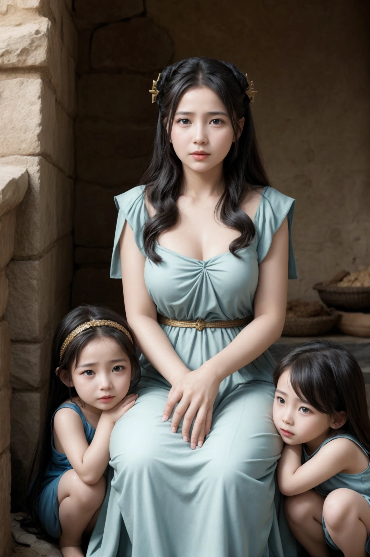 a woman from biblical times with two children talking.