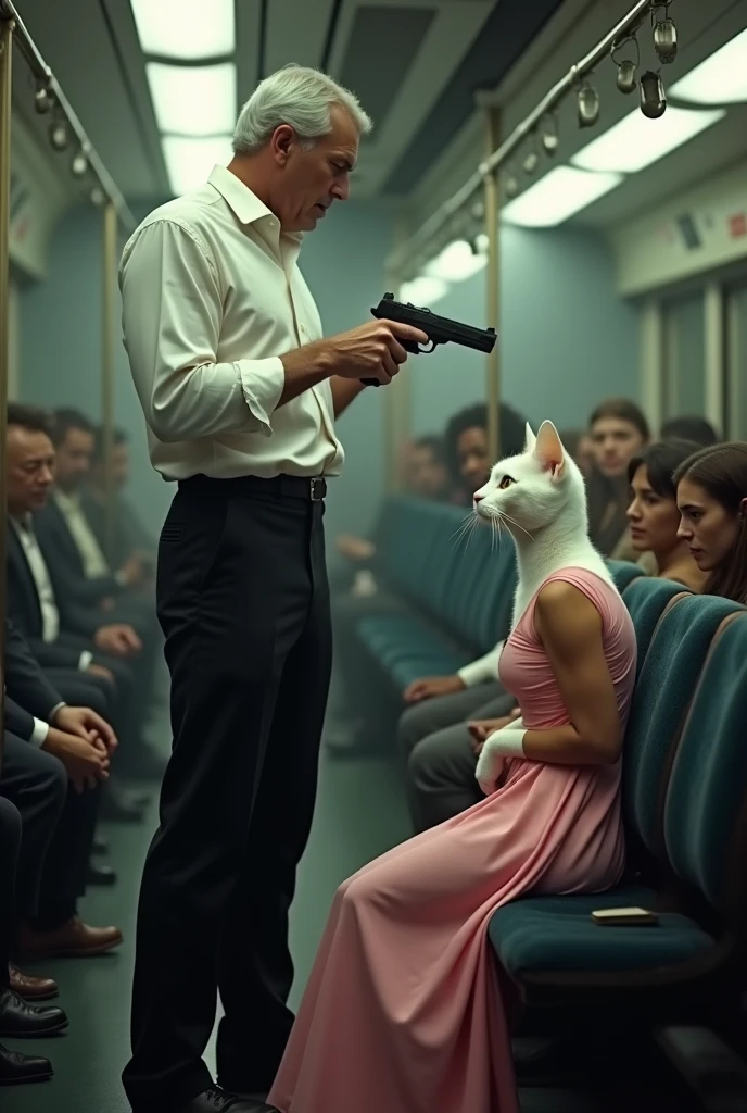A white tall muscular cat dressed in white shirt and black pant puts gun on the head of a robber I'm train full or passenger and a white tall cat dressed in pink full length Maxie is scared and sitting on a seat