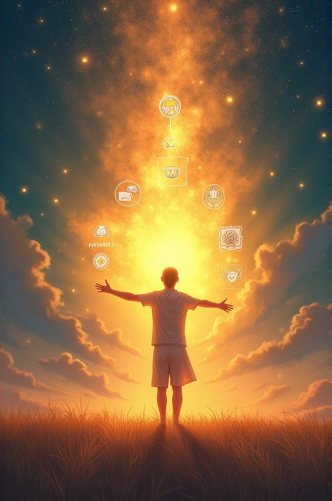 A vibrant digital painting of a person with arms outstretched, being enveloped by a golden light. ao redor, there are icons representing love, Family, faith and nature. No fundo, a starry sky with the phrase 'What fills you? Discover in our cell.' Style: minimalist and inspiring."