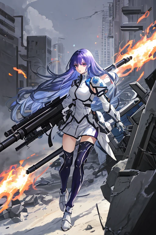 Adult woman, blue hair, white combat uniform, black armor, mechanical bazooka, ruined city, purple hair, medium-long hair, intense flames, beautiful eyes