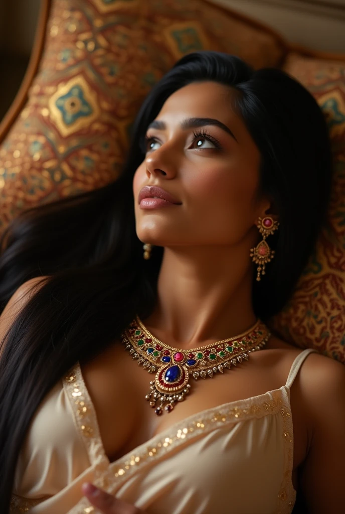 a close up of a Indian woman laying on a bed with a necklace