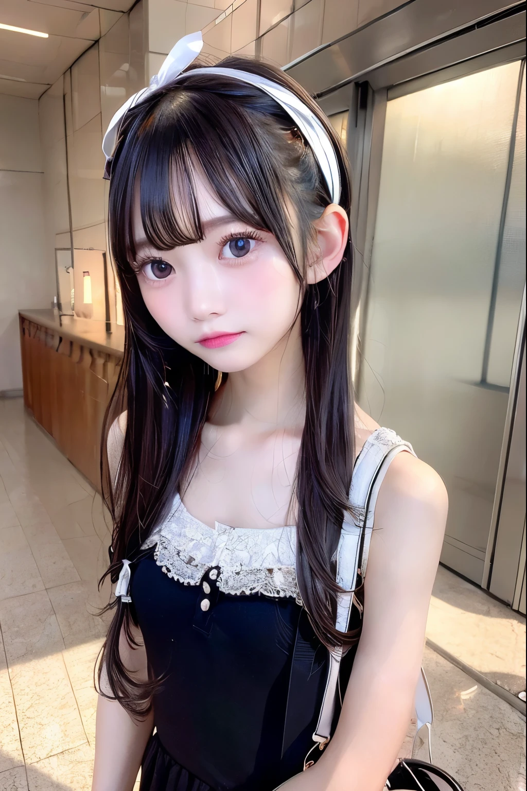 1 girl,silver straight hair, bionde, medium long hair, headband Lace with white ribbon,Carrying a school bag ,she is AYA MIYABI, 22 years old, Bishojo, looking at viewer, she is famous Japanese idol, kawaii, (mascara), eyeliner, almond eye, natural eyebrows, thin lips, Natural color lip, extremely detailed skin, fair skin, smile, cute, realistic face, slender face, beautiful skin, flat chest, clavicle, slender body, Forehead, delicate thighs, skinny legs, lean legs, Best quality, (8k, RAW photo, best quality, childish face, masterpiece:1.2), ultra-detailed, (realistic, photo realistic:1.37), high detail RAW color photo, an extremely delicate and beautiful, extremely detailed(Selfie:1.1), finely detail,