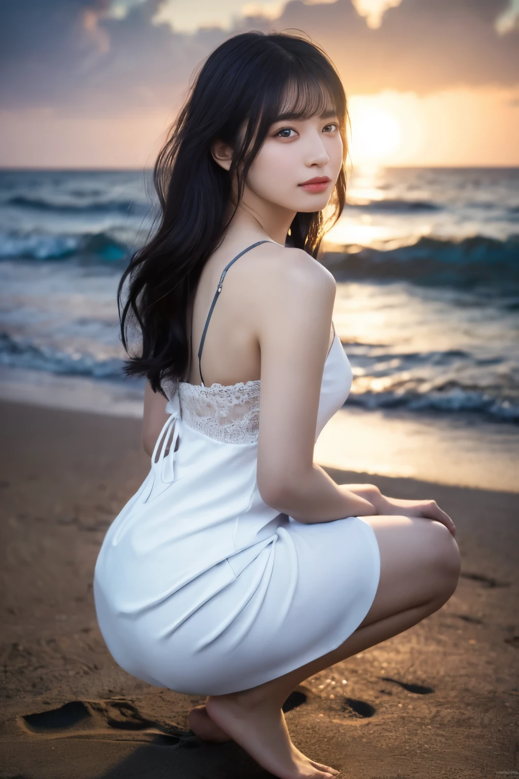 1 girl, (Wear a clean white summer dress:1.3), Very beautiful Japanese idol portraits, 
(RAW Photos, highest quality), (Realistic, Realistic:1.4), (masterpiece), 
Very delicate and beautiful, Very detailed, 2k wallpaper, wonderful, finely, Very detailed CG Unity 8k 壁紙, Very detailed, High resolution, Soft Light, 
Beautiful detailed girl, Very detailed目と顔, Beautiful and sophisticated nose, Finely beautiful eyes, Cinema Lighting, 
(Fashion magazine photography:1.3), (Sunset at sea), (The deep indigo of the night sky contrasts with the last vestiges of crimson near the horizon.:1.3), (Dark Background), (Swaying Waves), 
(Semi-long hair), (The girl is squatting on the beach:1.4), (Silhouette of a girl),
Complete Anatomy, Slender body, Small breasts