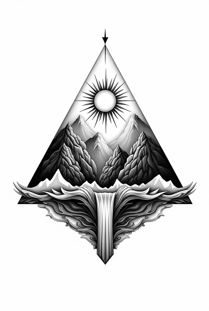 The image is a black and white drawing of a geometric design that includes a sun, moon, mountains, waves, and a waterfall. The elements are arranged in a triangular pattern.
The image may be called something like "Geometric Nature," "Elements of Nature," or "Triangle Nature." Bali style