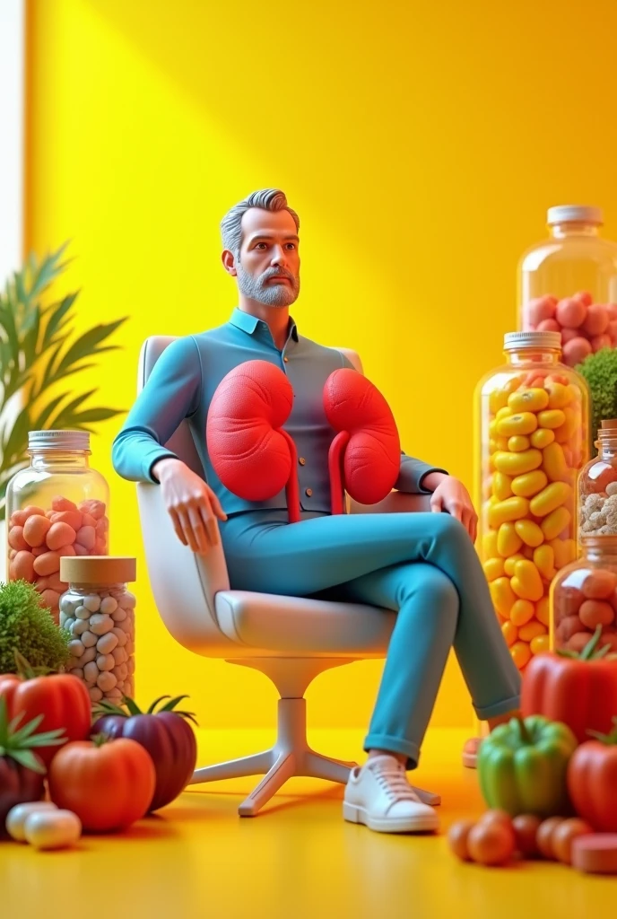 Plastic 3d model of 40 year old Man sit on chair  human body kidney  big size On Man 
 , on the background
of medical jars with vitamins and capsules,Fruits and vegetables 
real bright photo with yellow shades
