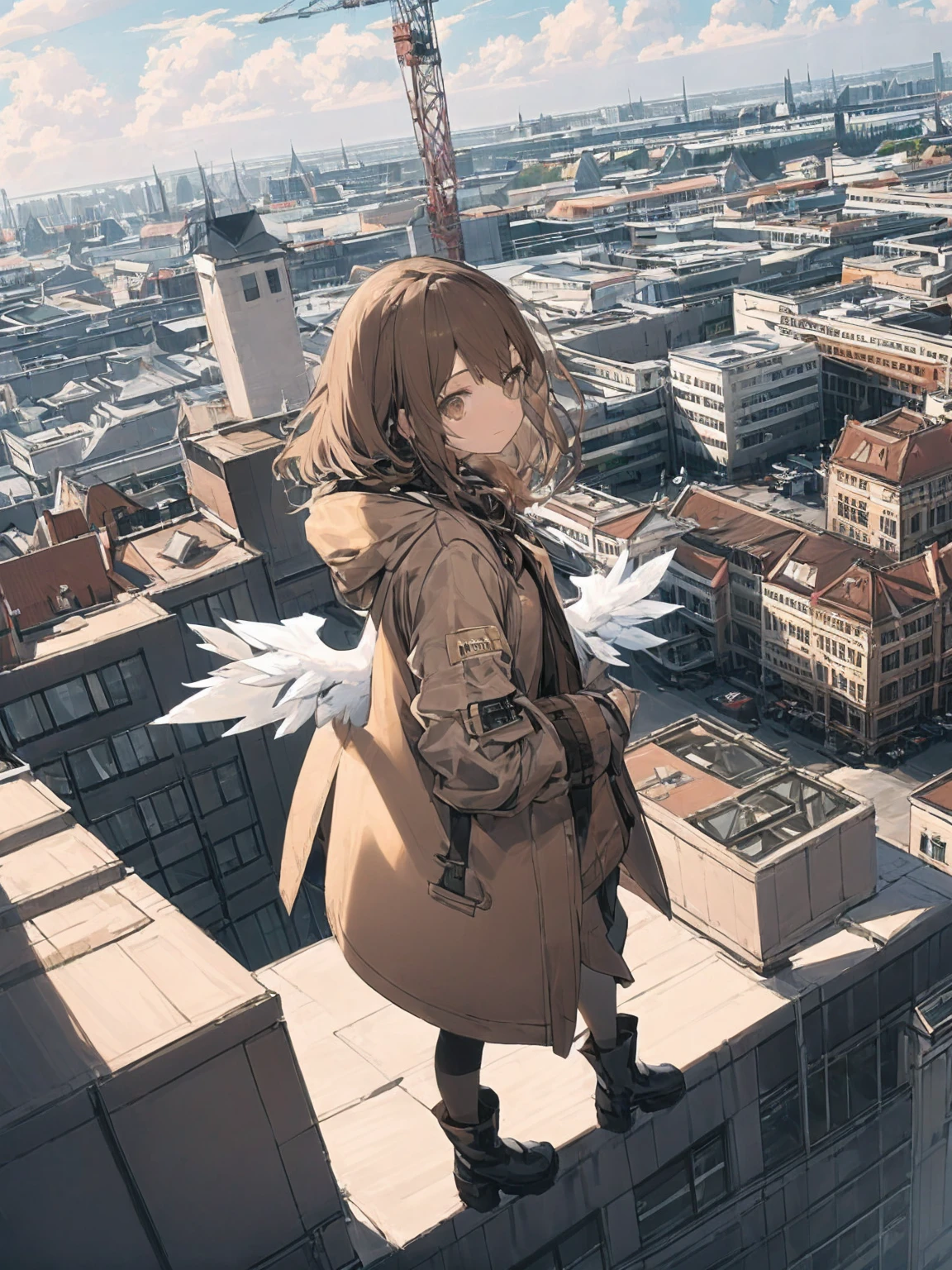 (masterpiece, Highest quality),From above , One person, alone, (Wings with feathers:1.2), signboard, Brown eyes, Brown Hair, building, city, cloudy null, coat, boots, crane \(mechanical\), Dutch Angle, From the side, Slight frown, View your viewers, Outdoor, rooftop, null, nullscraper