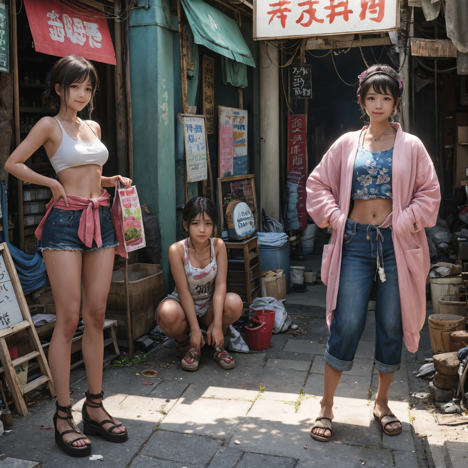 
((masterpiece、Highest quality))、Beautiful girls gather.、Three girls in summer clothes、(Showa Retro:1.2)、(Detailed and cute face:1.3)、(Poor conditions、Poor Street、Dim and unsanitary、Standing Bar、みんなで楽しくdiet、Crumbling underground shopping mall)、屋台のdiet店、stage、sewage、Dirty shop、street vendors、Unsanitary and abandoned city、smile、diet、Poor person々