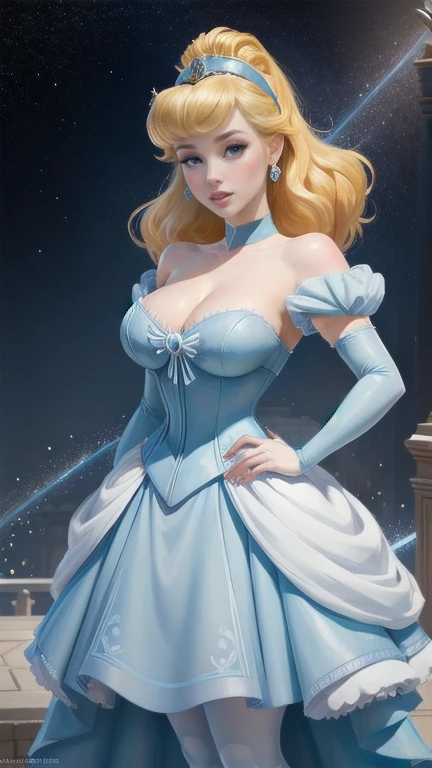 ((1 girl)), Masterpiece, (high quality, best render), (beautiful girl, cinderella), (bomb, pin-up style), hot, floss, perfect body, 4k hd, disney princess, beautiful female princess, anime princess, hd artwork, official art, disney cartoon, beautiful princess, large breasts, sexy pose, vibrant colors, she has pale skin cinderella, disney character, disney character style, disney's princess, disney art style, disney artstyle, anime princess, fantasy, on a giant chessboard, a cartoon princess, blue corset, short white dress,  long thin legs,