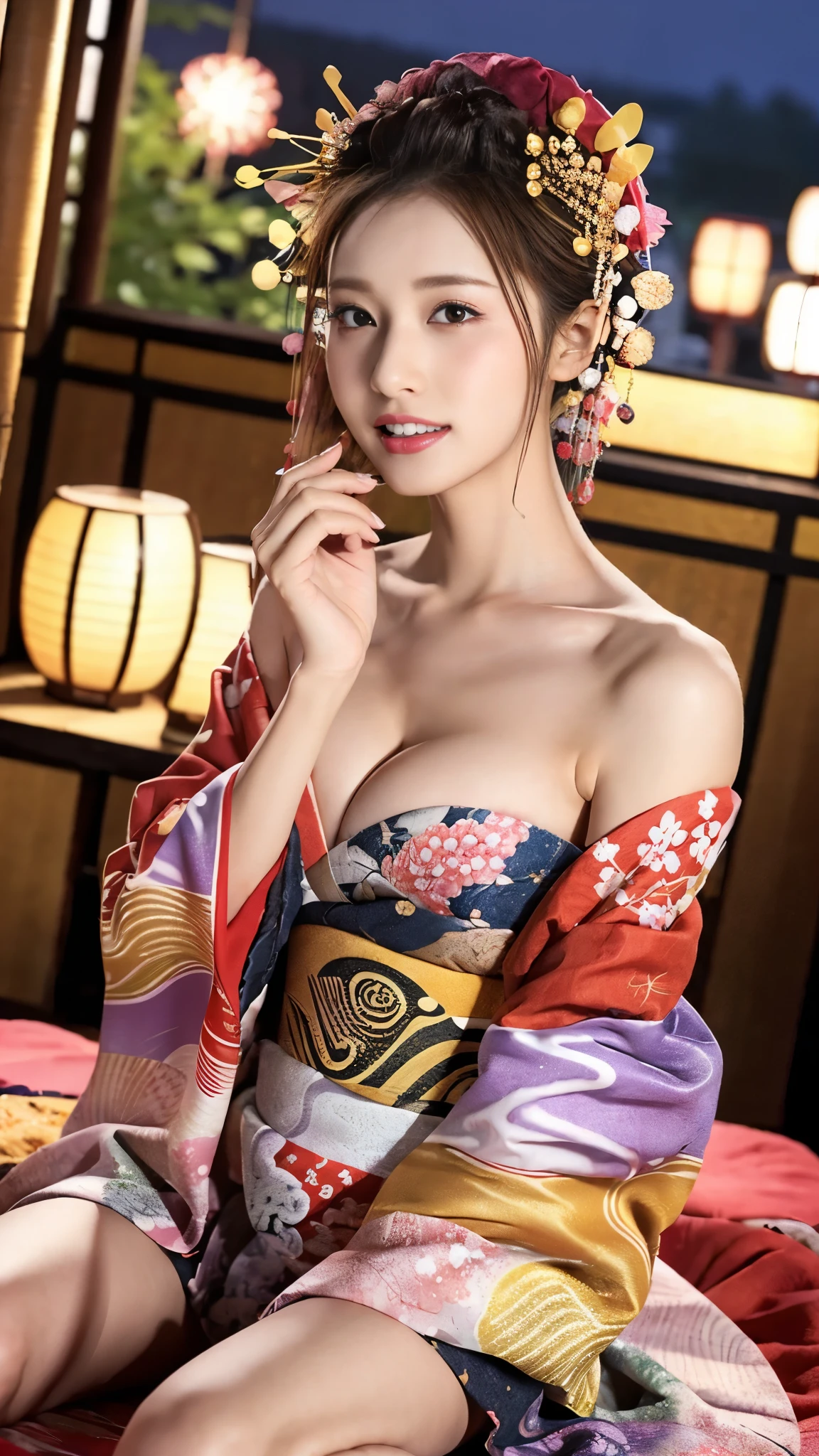 (8K、RAW Photosgraphy、Highest quality、masterpiece:1.2)、(Realistic、Realistic:1.37)、Ultra-high resolution、One Girl、cute、alone、night、Sitting、date、(Nose redness)、(Laughter:1.1)、(Closed)、Huge 、Beautiful Eyes、(short hair:1.2)、(((Fireworks bursting into the sky、night)))、(((kimono、yukata)))、Cleavage、Perfect body、Perfect Fingers、Professional Lighting、Japanese Goddess、gravure、Detailed face and skin texture、fine grain、RAW Photos
