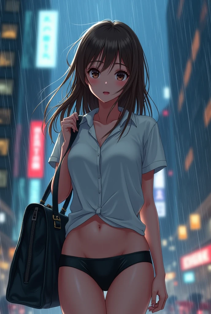 One adult woman,high quality,anime,Brown Hair,Big Breasts,Ｊcup,White short sleeve shirt,Wet shirt,Sticky shirt,The black underwear underneath the shirt is visible,Black Skirt,Suit skirt,Guerrilla rainstorm,Protect your business bag from the rain,Glowing wet skin,Rain pours down on her, Wet T-shirt and pants,Sparkling water droplets,In the rainy city,Moody lighting,Windblown Hair,It is in a hurry,Splash,Romantic atmosphere,anime,