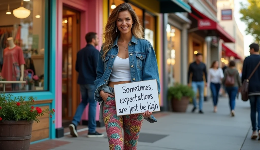 Exit of the Store: The final image shows the woman exiting the store with a mix of amusement and exasperation, holding a sign that reads, “Sometimes, expectations are just too high.”