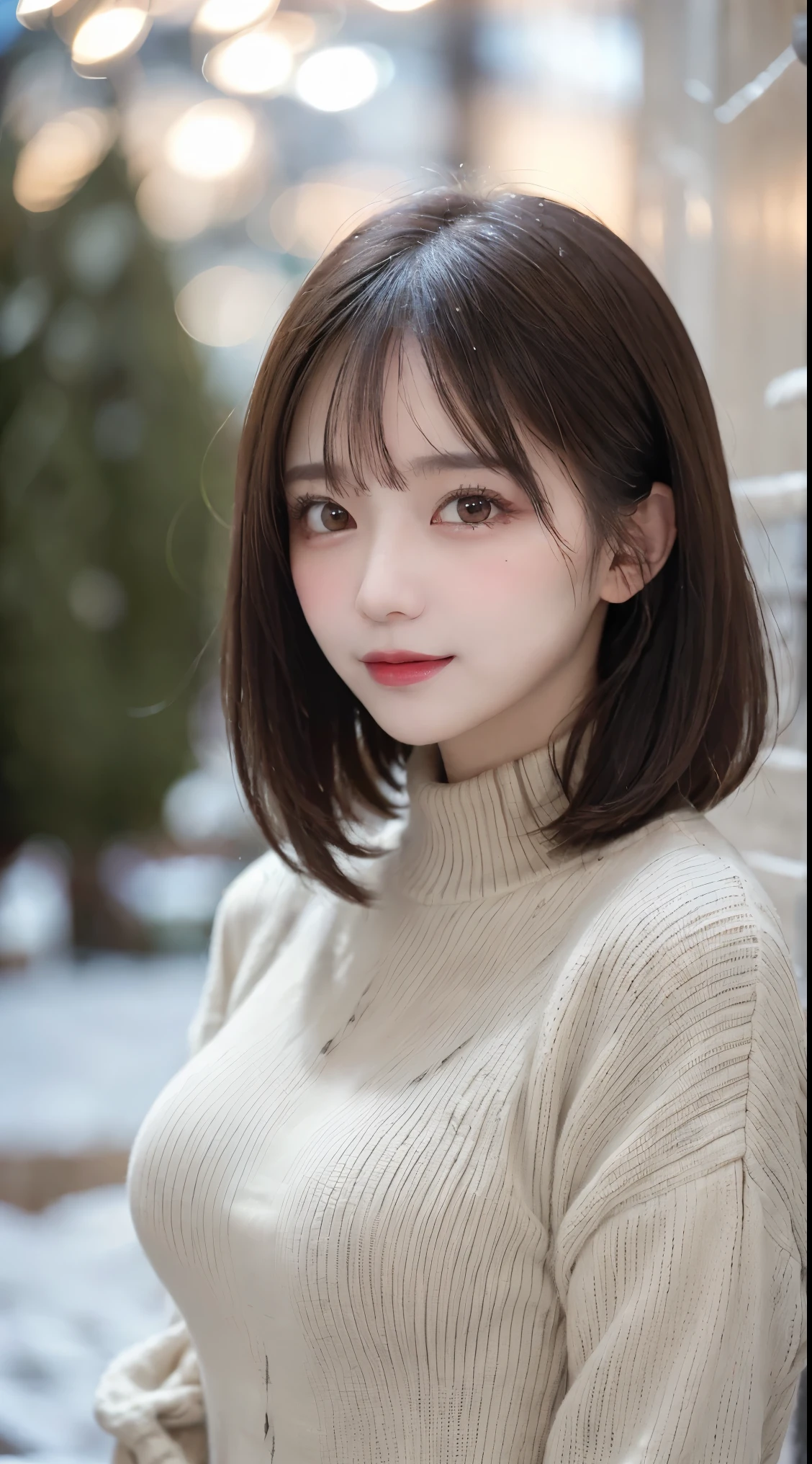 masterpiece, Highest quality, shape, Very detailed, In detail, Highest Resolution, 8k wallpaper, Perfect dynamic composition, Beautiful details, Natural Lip, Looking into the camera, (upper body, standing:1.5), (medium breasts:1.3), (winter clothes:1.4), (outdoors), (bokeh, blur:1.6)