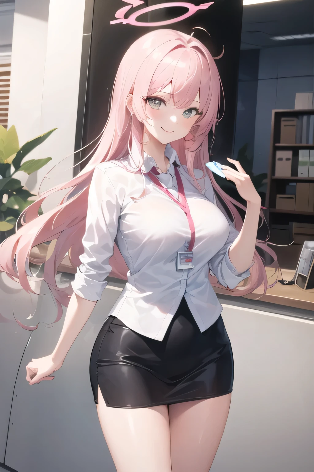 ((masterpiece, Best quality)), (1 girl),((mature woman)), light pink hair, halo, horn, ((office lady )),bang,medium breast,(busty),slim,smile, [wide hips],office,standing, I got it \(Blue Archive\),