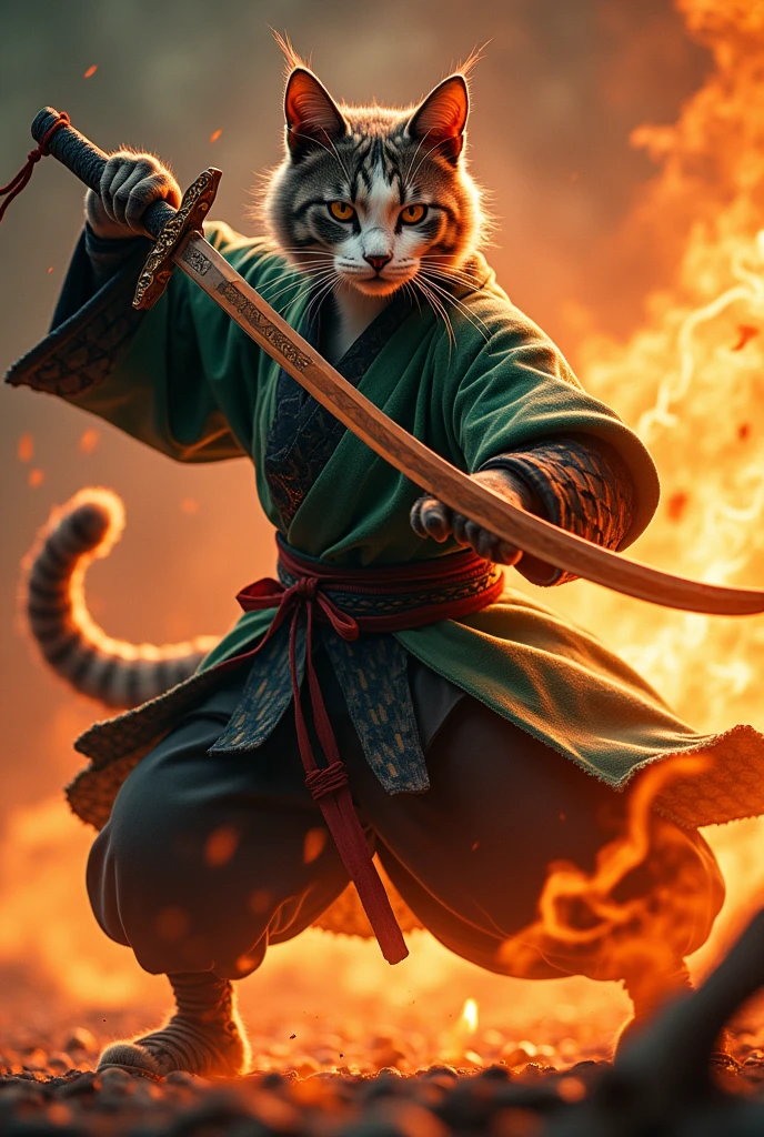 A live-action version of Demon Slayer, but it's a cat instead of a human.。
Behind him is a flame aura。
Tanjiro the cat wearing gloves。Standing with a sword。Entire limbs。
The jacket is a two-tone green and black check pattern.。
Wearing tabi socks.。
Bruise on left forehead。
Rectangular earrings on both ears。