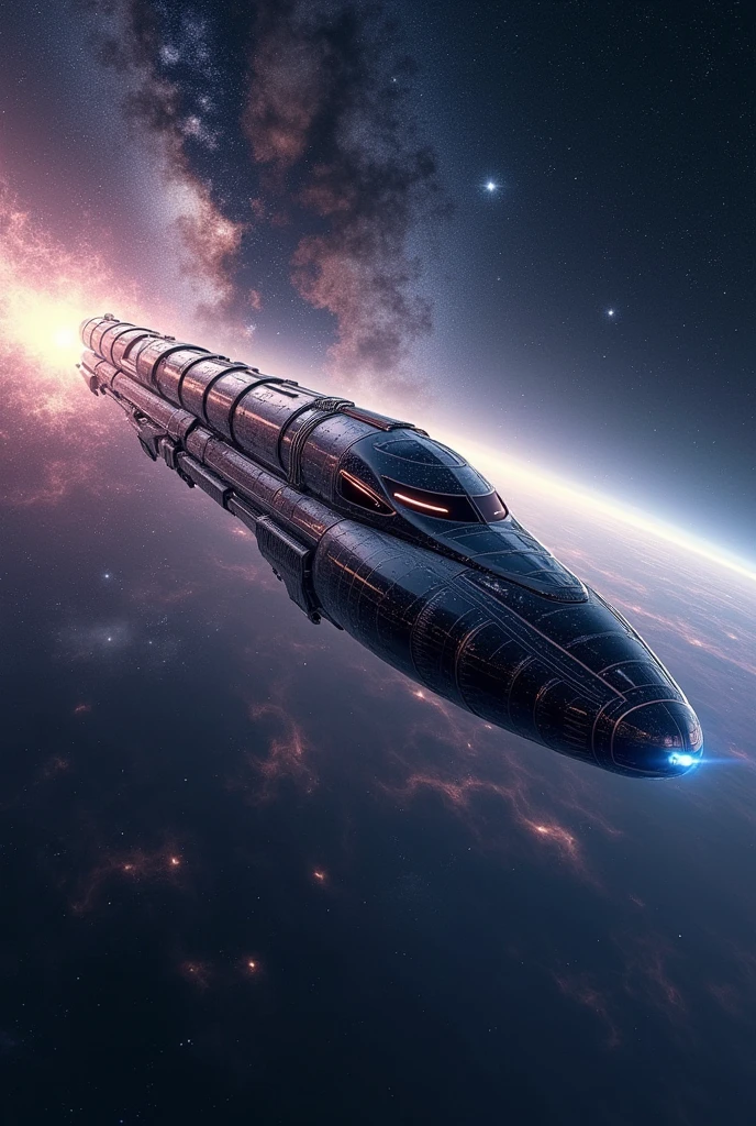 Train-shaped spaceship,10-car train,(Beautiful aircraft:2.0),(The background is outer space and the Milky Way:1.6),masterpiece,Highest quality,Ultra-high resolution,(Super detailed),8k,Realistic,Best aesthetics,beautiful,(dynamic)