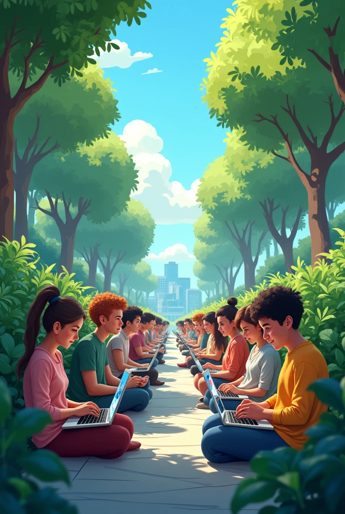 Create a vibrant digital artwork showing animated people of diverse backgrounds sitting in two rows, facing each other on a digitally rendered pathway filled with icons representing technology, environment, and social themes. They are engaged with digital devices like laptops, tablets, and smartphones. The background should blend natural and urban elements, symbolizing the integration of technology into everyday life and its role in sustainable development. The scene should be dynamic, forward-looking, and emphasize the connection between digital progress and a sustainable future.