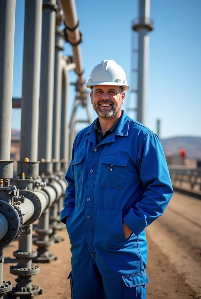 Wellhead field engineer male blue Schlumberger coverall
with wellhead x mass tree