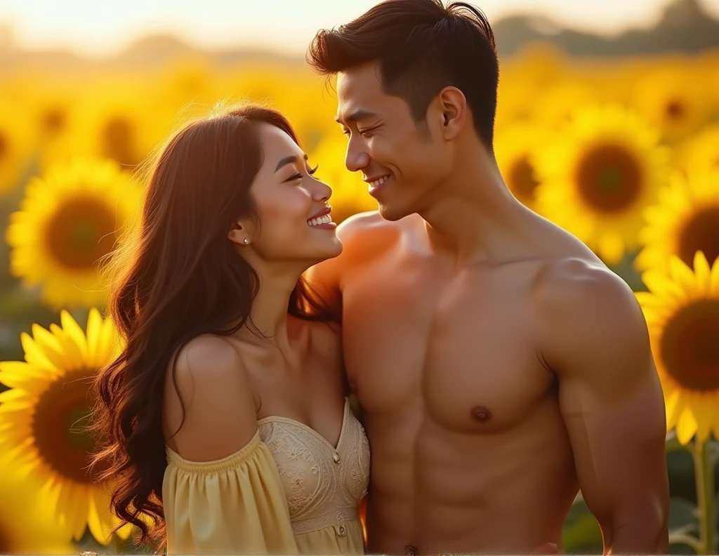 Handsome Asian-style man, rich, good figure, six-pack, dark brown hair, holding a beautiful, sweet Asian-style woman, wavy dark brown hair, in the middle of a sunflower field.