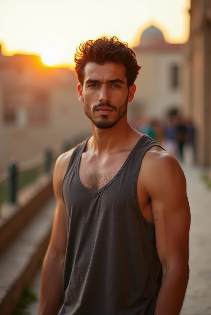 I am 1.78m tall, I am a Kurd from the Mardin region. I have short brown curly hair. I have brown eyes and a light goatee (not a fullbeard )that is not very thick. I have a very distinctive face shape, i.e. a pronounced jawline. My nose is a bit like that of a witch, so it's relatively typical for Kurds. I weigh 70kg so I'm relatively slim, but still have a higher percentage of muscle than fat.
I do wear a tank top.
 Take a picture of me