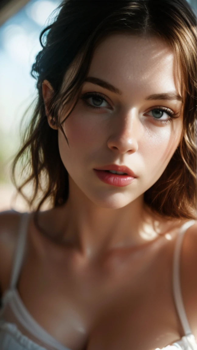 (((ultra realistic))) Photo, masterpiece, top quality, (pale skin), (Ultra detailed face and eyes:1.3), 1 girl, Adult, in a T-shirt, full body, (Eye makeup, mascara) , ((large detailed lips)), ((ash wavy hair)), ((Chyolka)) , (Natural breasts), Slim waist. ((Posing)), photoshoot, studio (soft lighting), (The play of light and shadows), depth of field, bokeh, (special attention to skin detail: 1.2), Detailed leather texture, skin pores. (Airy atmosphere of the frame. Color range - delicate, Bright, white, Pink tones), UDR, ((Film grain)), ((rays)), ((glare of the sun)), ((waist up portrait, close to the camera)) , ultra detialed, 