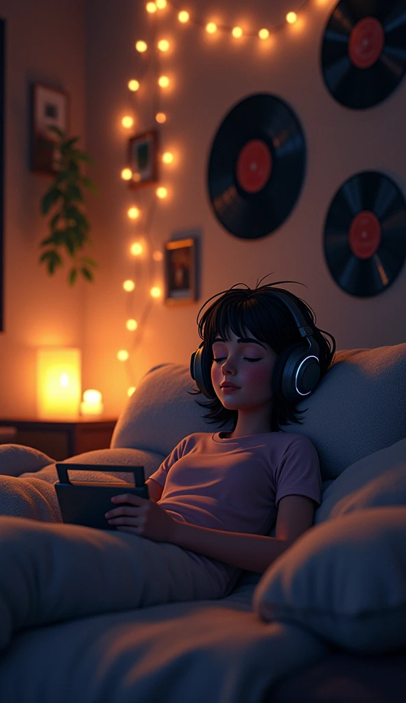 night、Listen to music in a cozy room, Using headphones, 2D-style animation, Lo-Fi, hard disk, Dark Environment