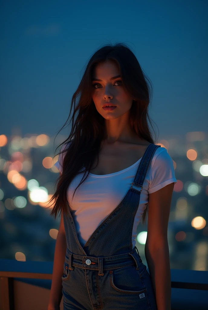 ((Midnight, Best quality, 8k, Masterpiece :1.3)), Whole body, Long legs, Sharp focus :1.2, A pretty woman with perfect figure :1.4, Slender abs :1.1, ((Dark brown hair, Big breasts :1.2)), (White tight tshirt, Jean bib, Standing:1.2), ((Night city view, Rooftop:1.3)), Highly detailed face and skin texture, Detailed eyes, Double eyelid