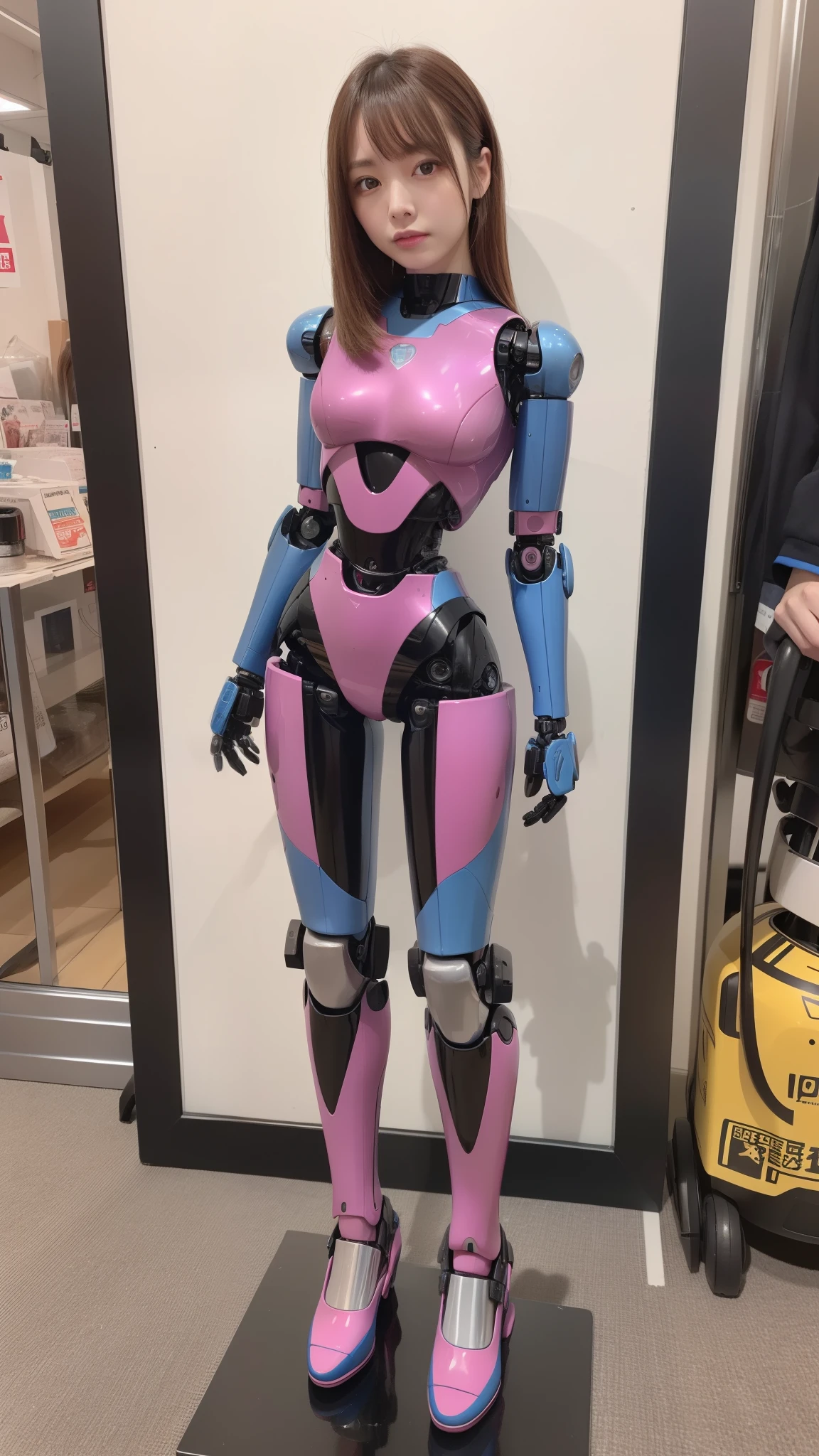 (Photorealsitic:1.4)、one robot woman、(top-quality)、(hyperdetailed face)、(Super well-formed face)、(Robot Parts)、(Female-Robot)、(25 years-old)、(Blue)、(pink there)、(Burgundy)、(metallic)、(full-body)、(sexy pose)、(Slender body)、(Model body type)、(full body mech)、(street of Akihabara)、(is looking at the camera)、(A brown-haired)、(Well-proportioned body)、(a small face)、(a small head)、(well-groomed fingers)、(Idol)、(front facing)、(Standing with legs open)、(Photo session)、(Looks sad)、(perfect-female-robot)、(perfect-mechanical-body)