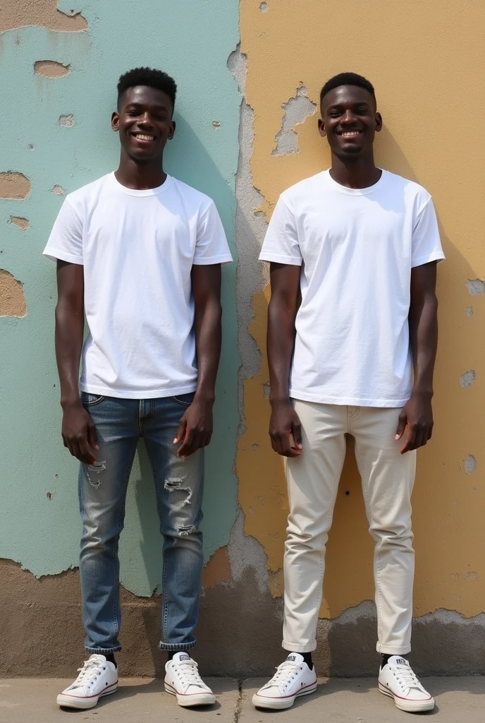 Create a split-image of the same light skinned 21 years old Ethiopian man shown side by side against a messed up wall as a background to illustrate a before and after transformation. In the 'before' image on the left, depict the man as shorter and wearing a plain white T-shirt and jeans. In the 'after' image on the right, show the same man taller, with no change in physique, wearing the same white T-shirt but with casual pants instead. Both images should have the man smiling and looking directly at the camera, with a noticeable difference in height and little difference on presence. The background should be the same for both pictures and minimalist with natural lighting, highlighting the transformation. Make the picture realistic