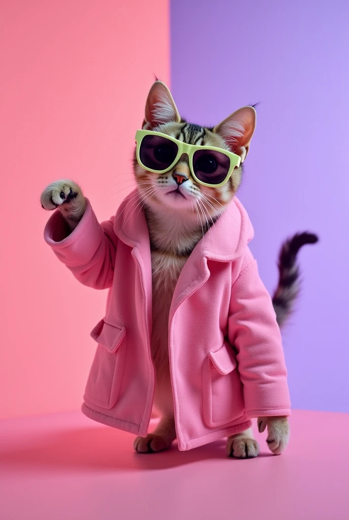 The best mobile wallpaper, Award-winning wallpaper, Portrait Photography, In front view is a portrait of a cute funny cat wearing 1980s mid-century space-age fashion, Side view shot, Shot with Canon EOS R5, Setting a stark contrast that accentuates the subject, Fluorescent pink and lavande shade, Wearing a very fashionable lounge coat and sunglasses are a hip 1980s style, Clothing all in one color litgh pink, Beautiful background