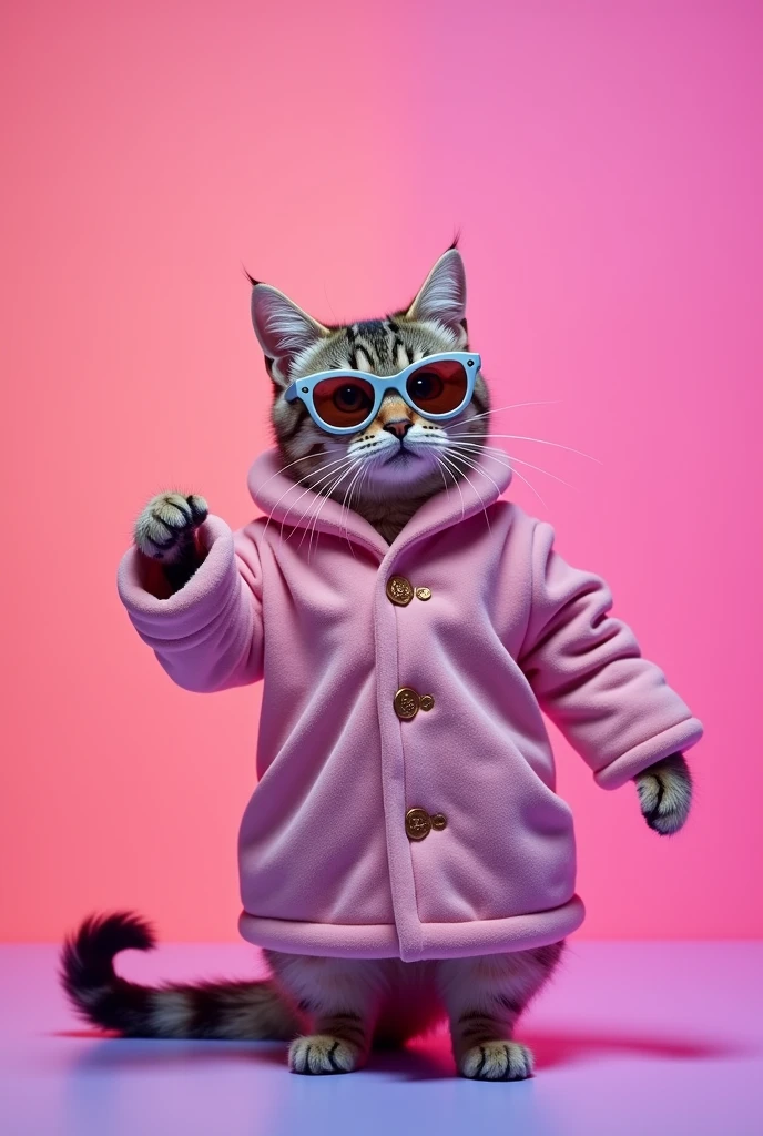 The best mobile wallpaper, Award-winning wallpaper, Portrait Photography, In front view is a portrait of a cute funny cat wearing 1980s mid-century space-age fashion, Side view shot, Shot with Canon EOS R5, Setting a stark contrast that accentuates the subject, Fluorescent pink and lavande shade, Wearing a very fashionable lounge coat and sunglasses are a hip 1980s style, Clothing all in one color litgh pink, Beautiful background