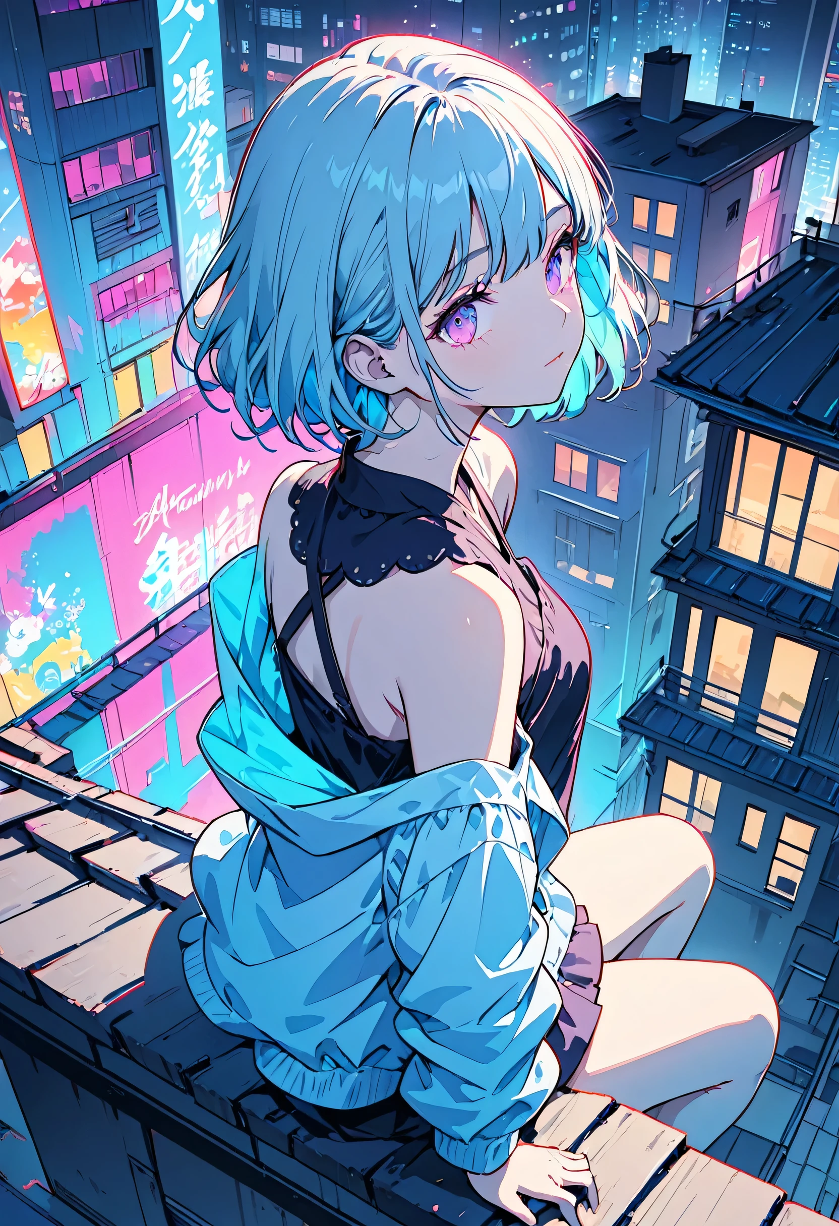 masterpiece,Highest quality,1 Synthwave style girl,Blue outline,Neon lit street,Blue fluorescent paint,alone,From above,Cowboy Shot,Sitting on the roof of a building,Highly detailed CG,Flat Color,Limited edition palette,No Line Art,silhouette,Partially colored,Alternative color,Dynamic Angle,Blue long top champagne,Deep purple shadow,Synthwave,chromatic aberration,(alone focus),Perfect Shadow,Wearing an off-the-shoulder floating jacket,Delicate face,Bare shoulders,Beautiful and delicate eyes,Short Bob Hair,Light blue hair,Height 150,Delicate background,Blue Neon Light,