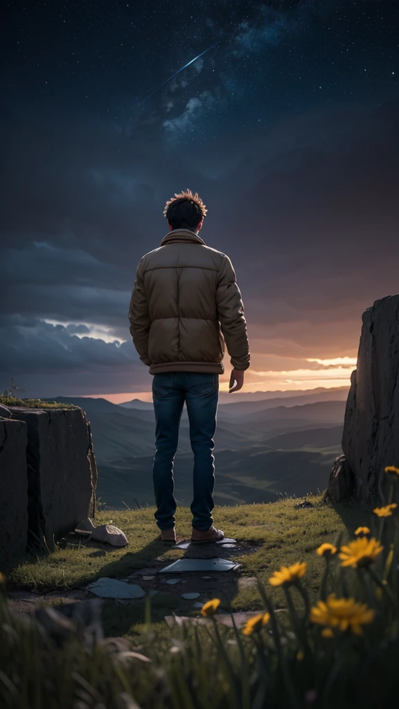 Background: An empty and dark area, perhaps a void or a cliff. The sky is completely dark, no stars. There may be a storm cloud in the distance. The wind howling and cold air can be felt. There may be a broken fence or stones on the edge of the void.
Figures: The same person, standing alone and hopeless, perhaps crouched on the ground. His face is in his hands, his eyes are closed and his head is bowed. He is wearing the same dark-coloured jacket and jeans. There may be symbols of broken hearts or withered flowers around the person. There is a feeling of emptiness and deep loneliness around the person. There may be a broken heart symbol or a withered flower near the person's feet.