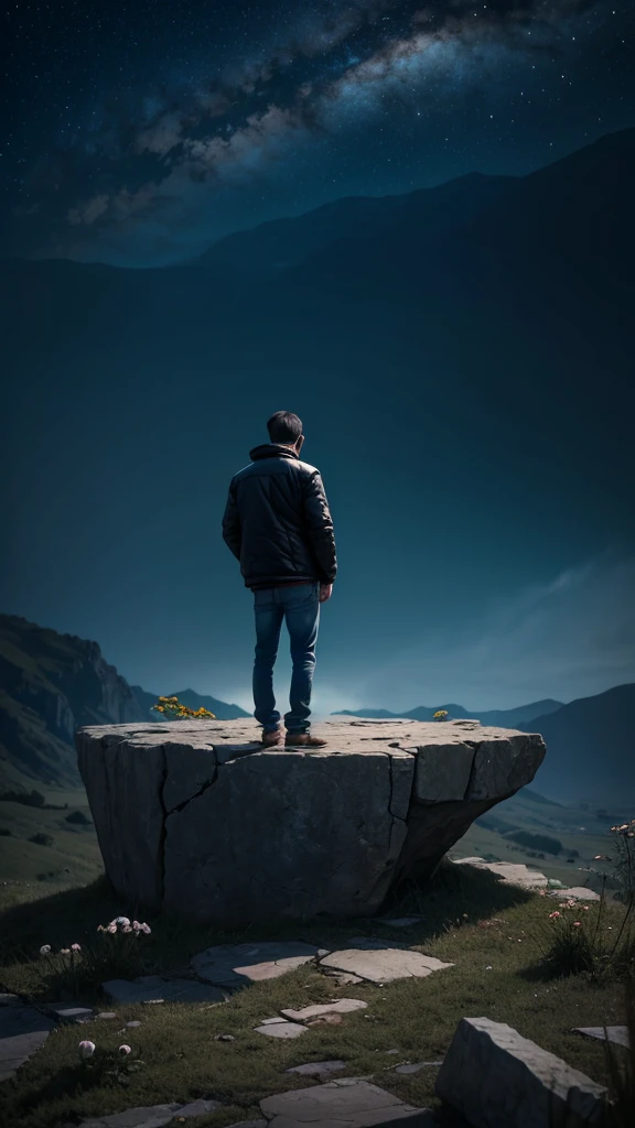 Background: An empty and dark area, perhaps a void or a cliff. The sky is completely dark, no stars. There may be a storm cloud in the distance. The wind howling and cold air can be felt. There may be a broken fence or stones on the edge of the void.
Figures: The same person, standing alone and hopeless, perhaps crouched on the ground. His face is in his hands, his eyes are closed and his head is bowed. He is wearing the same dark-coloured jacket and jeans. There may be symbols of broken hearts or withered flowers around the person. There is a feeling of emptiness and deep loneliness around the person. There may be a broken heart symbol or a withered flower near the person's feet.