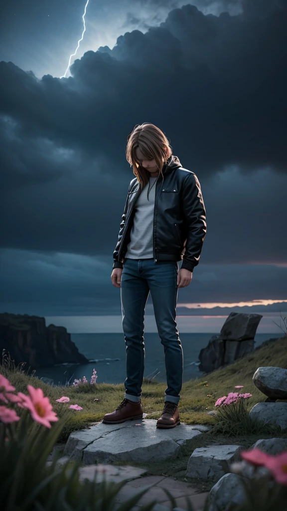 Background: An empty and dark area, perhaps a void or a cliff. The sky is completely dark, no stars. There may be a storm cloud in the distance. The wind howling and cold air can be felt. There may be a broken fence or stones on the edge of the void.
Figures: The same person, standing alone and hopeless, perhaps crouched on the ground. His face is in his hands, his eyes are closed and his head is bowed. He is wearing the same dark-coloured jacket and jeans. There may be symbols of broken hearts or withered flowers around the person. There is a feeling of emptiness and deep loneliness around the person. There may be a broken heart symbol or a withered flower near the person's feet.