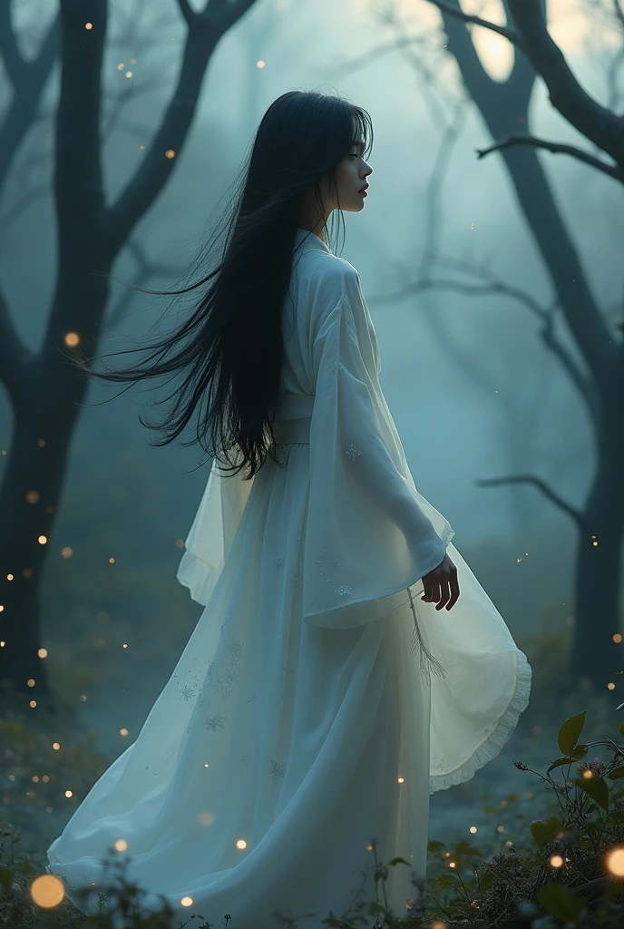Ghost of a woman with long hair wearing a white kimono. Her face is obscured by her hair.