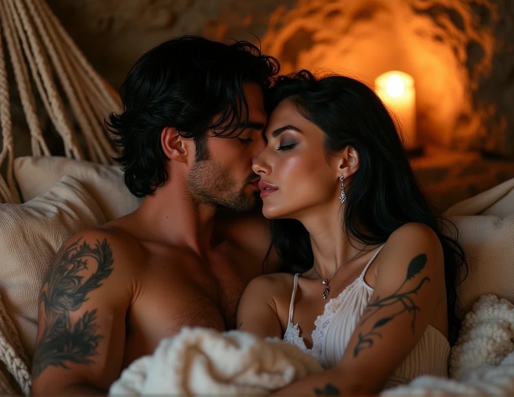 Long shot full view of a liberal naked couple sitting in a hammock with comfortable cushions kissing inside a cave with falling feathers, hombre desnudo con musculatura cabello negro humedecido ojos grises seductive look labios carnosos earrings piercing tatuado besando en abrazo a mujer desnuda, delicate woman, model face,diamond shape, grey-blue eyes, black shadow, seductive look, long black hair with pink and white highlights, SEPTUM,earrings, tattooed the two naked without clothes making love without clothes naked 