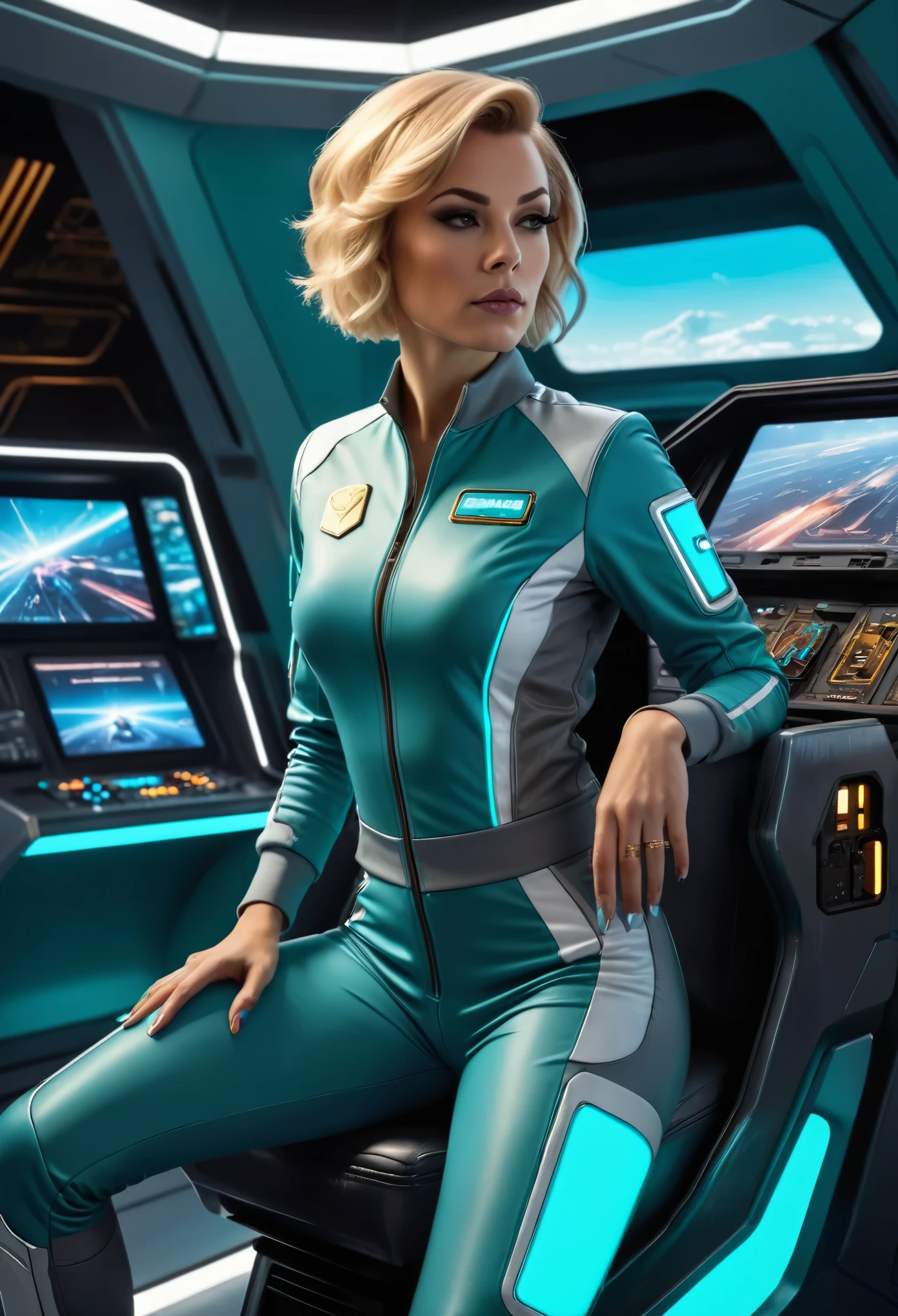 ((gorgeous realistic short hair blonde female 35 years age in a realistic futuristic large cockpit)), in a large room, ((playing Computer Games)), ((sitting on a stool with display and glowing control surfaces)), she is wearing a teal and grey gold badge track suit, (photorealistic), (in light grey and teal T Shirt and slacks), (Style-Glass), (()), hdr, antialiased, 8k, ((syd mead)), sharp details, ((masterpiece)), (painterly), (good anatomy), (good proportions), (good composition), (drama paint), (style-sylva magic) (perfect hands and fingers) busy day on a big space ship,