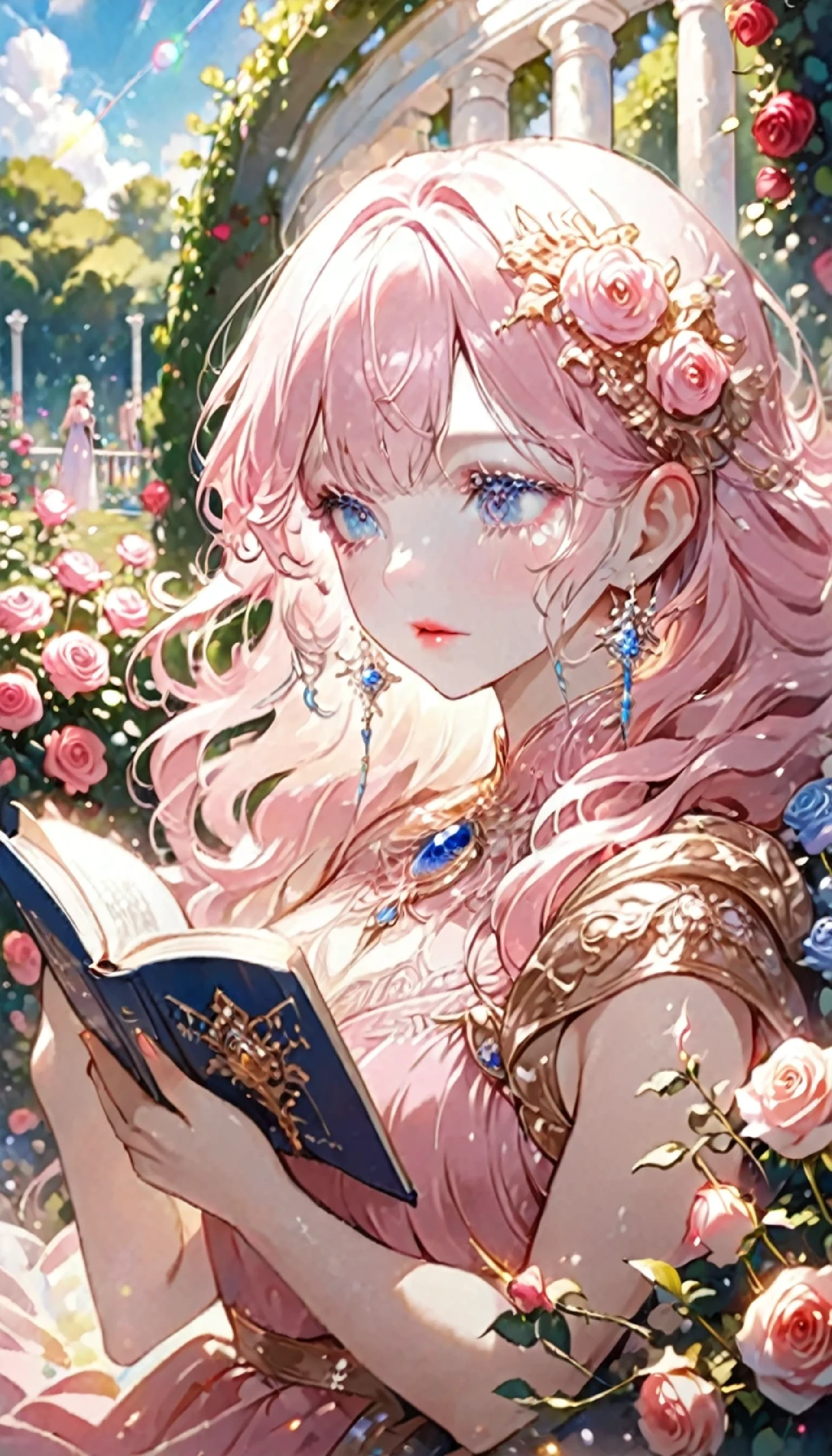 ((best quality)), ((masterpiece)), ((Romance Fantasy)), ((illustration)), (detailed), (clear), 1 woman, beautiful, pure, calm, long pink hair with bangs, white skin, Sapphire blue eyes, abundant eyelashes, Deep double eyelids, pretty lips, A gorgeous and rich pink dress, Reading a book, rose garden, Sunny weather, dazzling sunlight