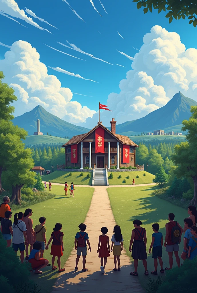 Make a panoramic image of Camp Half-Blood with realistic tracing.
