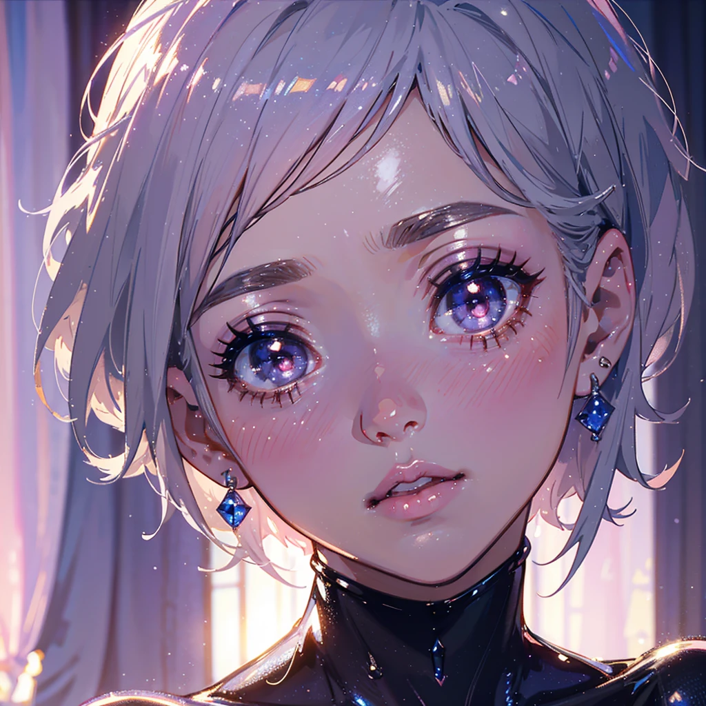 close-up shot of 1girl, light pink short hair, silver eyes, glossy lips, sapphire earrings, iper-realistic, masterpiece, cinematic lighting, best quality, anatomically perfect.