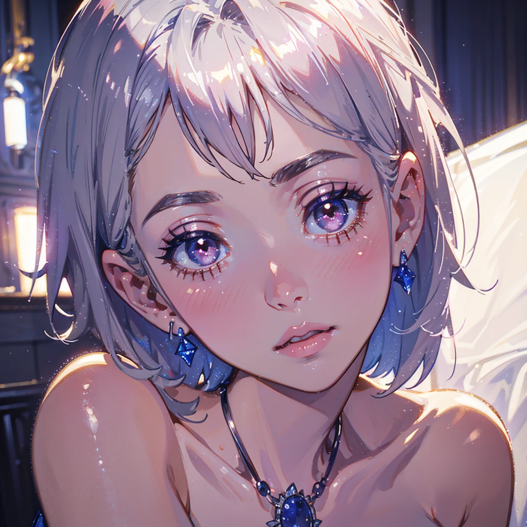 close-up shot of 1girl, light pink short hair, silver eyes, glossy lips, sapphire earrings, iper-realistic, masterpiece, cinematic lighting, best quality, anatomically perfect.
