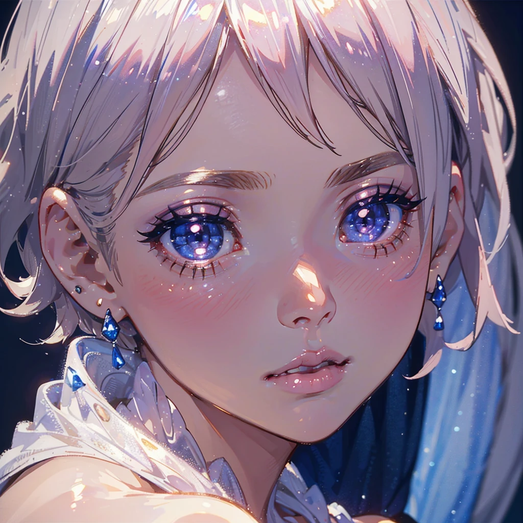 close-up shot of 1girl, light pink short hair, silver eyes, glossy lips, sapphire earrings, iper-realistic, masterpiece, cinematic lighting, best quality, anatomically perfect.