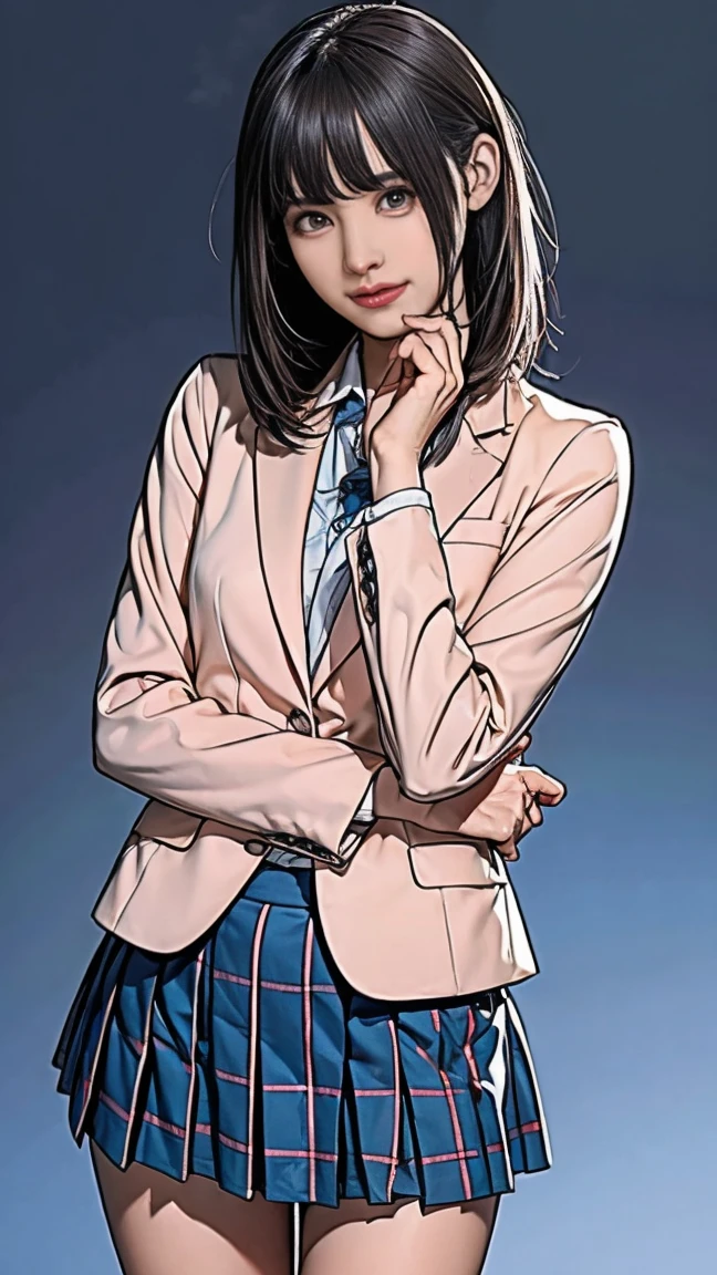 ((masterpiece)),(((Highest quality))),((Character design sheet)),Thin thighs,Long legs,Girl standing in a school classroom,（Grey Thai Uniform）,（Light pink blazer）,（blue plaid pleated skirt）,18-year-old,bangs,A small smile,Random Pause，cute，Slender，