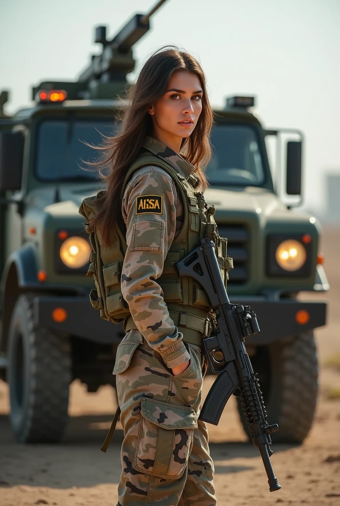 Alafed truck with gun on back, Afghan fighters, French special forces, heavily armed, Taliban, Kurdish soldiers, heavily armored, military vehicle, military weapons, military equipment, truck, camouflage, special forces security, modern military equipment, carrying rifle, gun mounted on shoulder, gun posing in front of truck A female soldier, ((masterpiece, highest quality, Highest image quality, High resolution, photorealistic, Raw photo, 8K)), ((Extremely detailed CG unified 8k wallpaper)), (huge stunning goddess shot, very hot and sexy, jaw-dropping beauty, perfect proportions, beautiful body, slim body beauty:1.4),