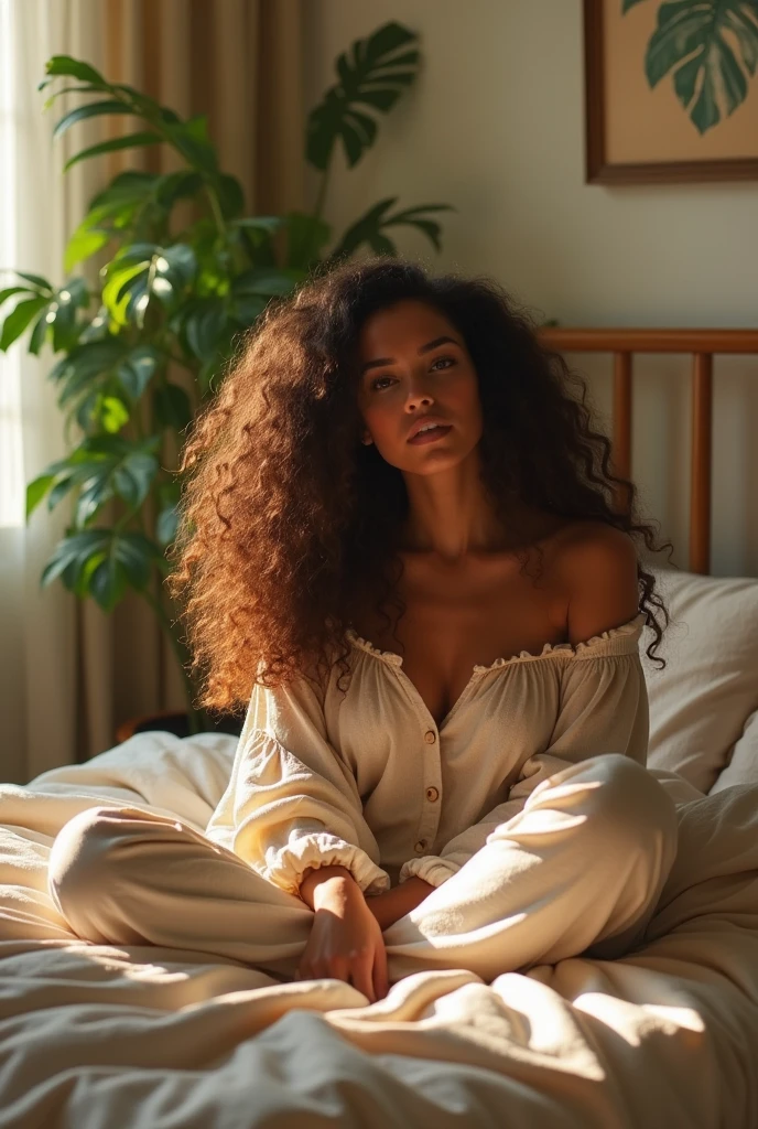 (photorealism:1.2), beautiful woman, sitting on bed, wearing loose off-shoulder top, pajama pants, long curly hair, indoors, soft lighting, plants in background, window with sunlight, cozy room, relaxed pose, realistic, intricate details, warm colors, by Greg Rutkowski, by Alphonse Mucha